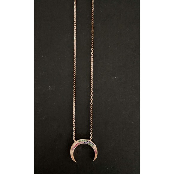 Over the Moon  16" Necklace Rainbow Stones Rose Gold Crescent Moon Double Horn - Picture 8 of 8